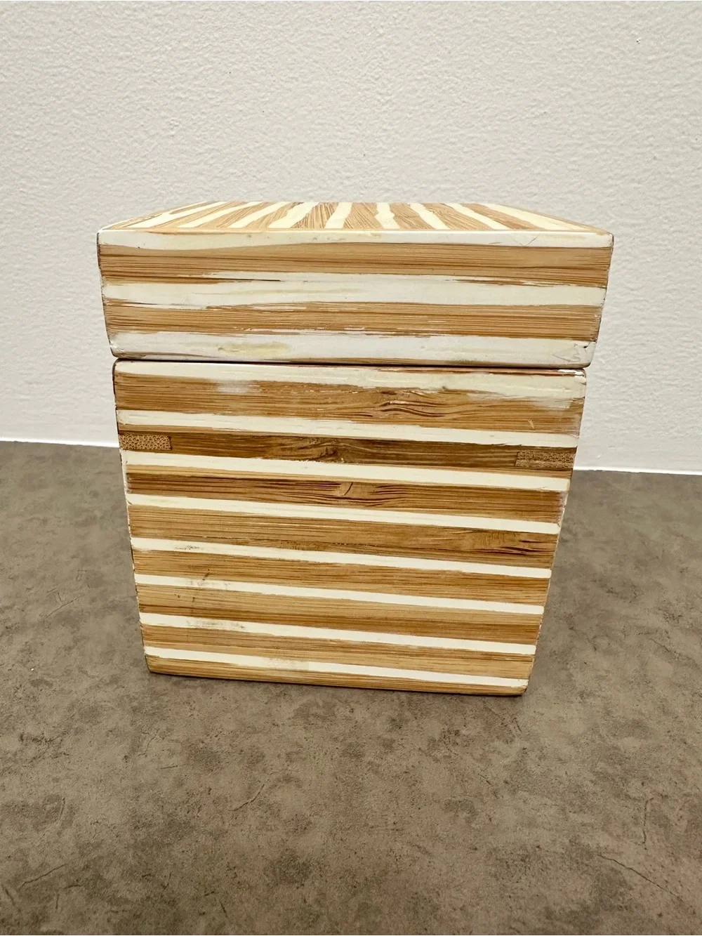 Vintage West Elm Striped Bamboo Wood Square Trinket Box Natural White 4 x 4 4.5”